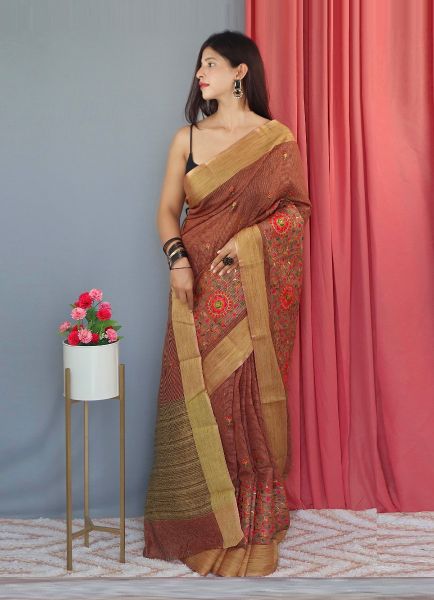 Maroon Linen-Cotton Thread-Work Festive-Wear Saree
