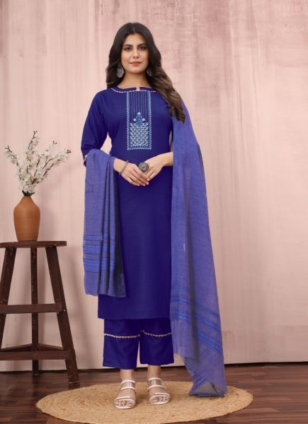 Indigo Blue Cotton Slub Embroidered Summer-Wear Pant-Bottom Readymade Salwar Kameez