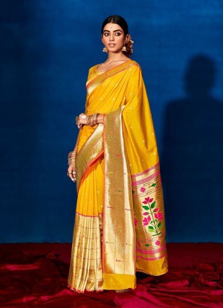 Yellow Soft Paithani Silk Weaving Festive-Wear Saree