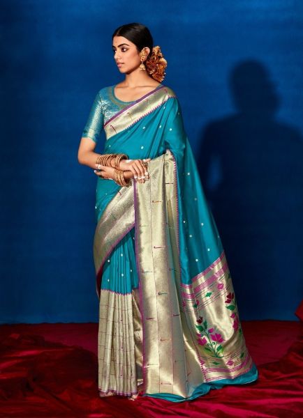 Sky Blue Soft Paithani Silk Weaving Festive-Wear Saree