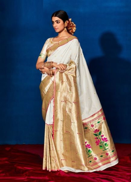 White Soft Paithani Silk Weaving Festive-Wear Saree