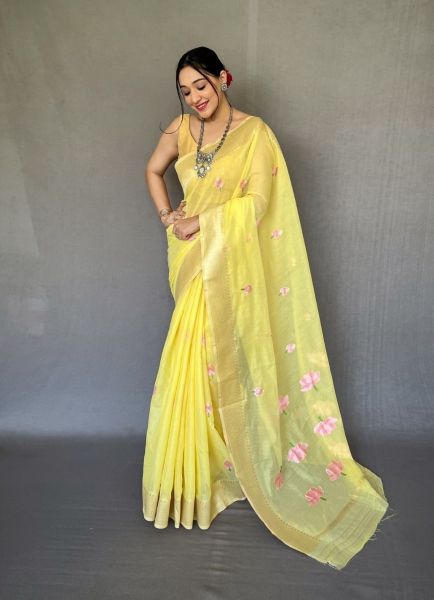 Yellow Linen-Cotton Digitally Printed Party-Wear Saree