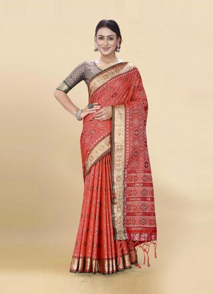 Red Silk Bandhani Printed Jacquard Saree