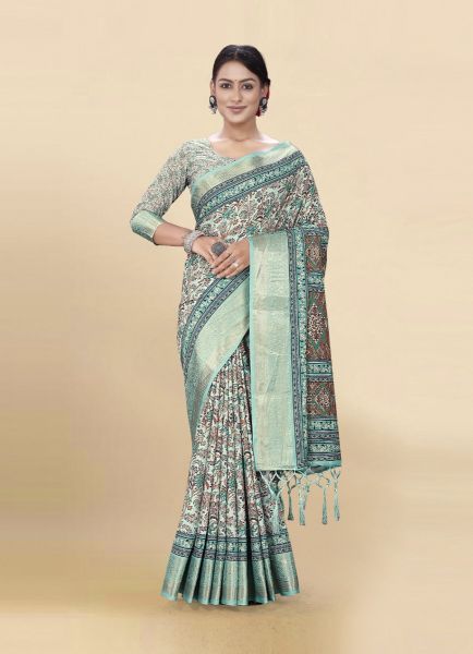 Light Aqua Cotton Silk Digitally Printed Casual-Wear Saree