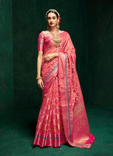 Dark Pink Cotton Silk Woven Festive-Wear Saree