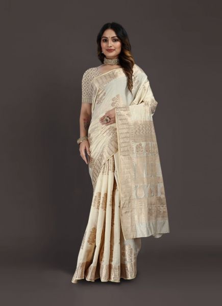 Bone White Raw Silk With Zari Weaving Durga Puja Special Saree