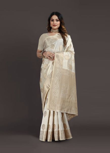 White Raw Silk With Zari Weaving Durga Puja Special Saree