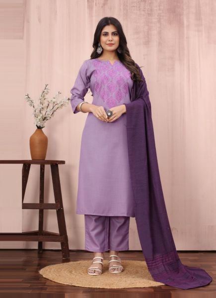 Lilac Cotton Slub Embroidered Summer-Wear Pant-Bottom Readymade Salwar Kameez