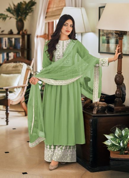 Light Green Georgette Thread-Work Party-Wear Readymade Palazzo-Bottom Salwar Kameez