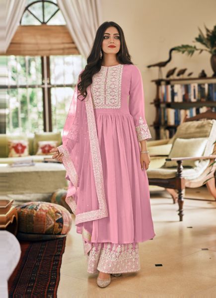 Pink Georgette Thread-Work Party-Wear Readymade Palazzo-Bottom Salwar Kameez