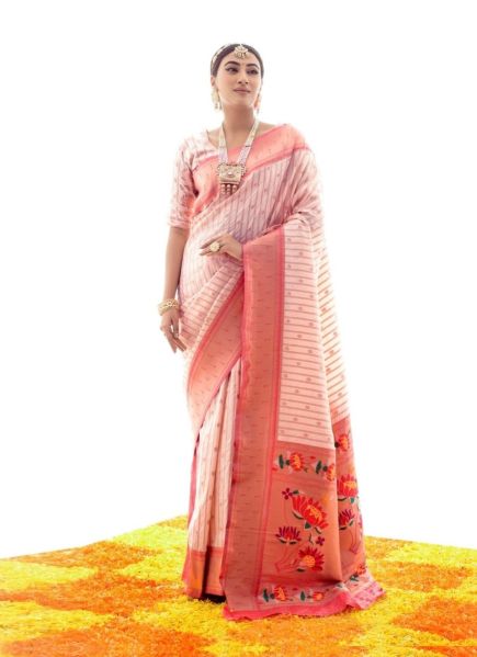 Light Peach Paithani Silk Weaving Festive-Wear Saree