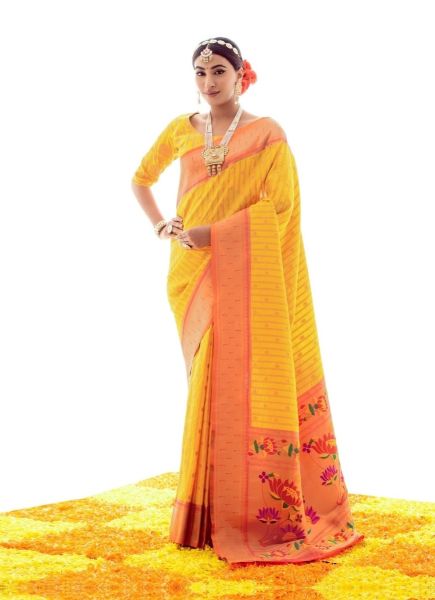 Yellow Paithani Silk Weaving Festive-Wear Saree