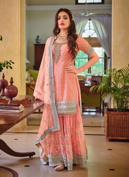 Pink Georgette Embroidered Party-Wear Gharara-Bottom Readymade Salwar Kameez