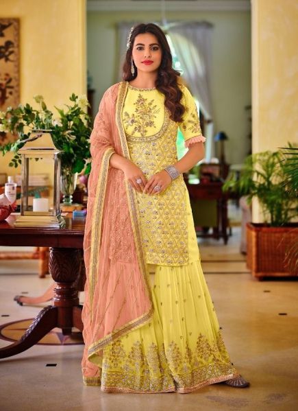 Yellow Georgette Embroidered Party-Wear Gharara-Bottom Readymade Salwar Kameez