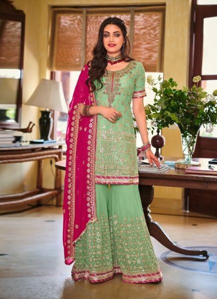 Light Green Georgette Embroidered Party-Wear Gharara-Bottom Readymade Salwar Kameez