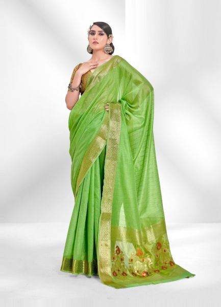 Parrot Green Cotton Sequins-Work Saree