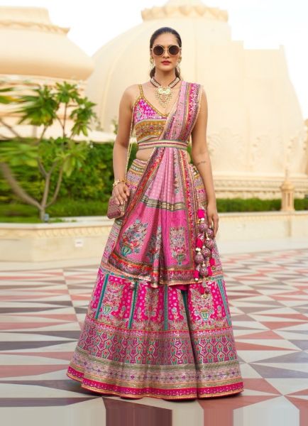 Magenta Rajwadi Silk Printed Wedding-Wear Stylish Lehenga Choli With Belt