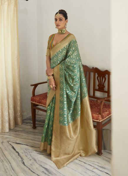 Mint Green Organza Soft Silk Woven Saree For Traditional / Religious Occasions