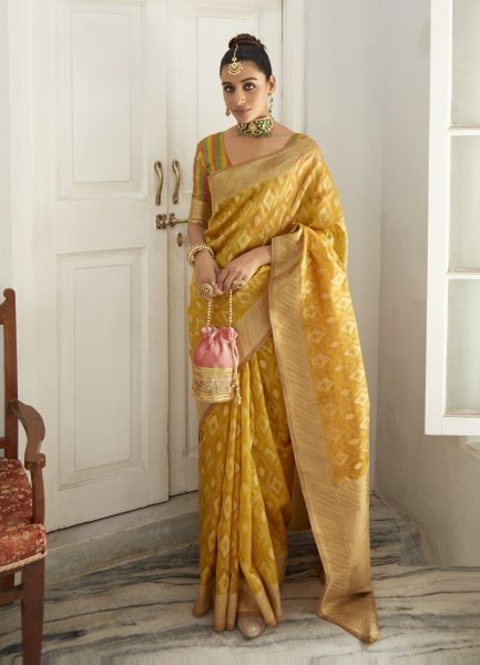 Yellow Organza Soft Silk Woven Saree For Traditional / Religious Occasions