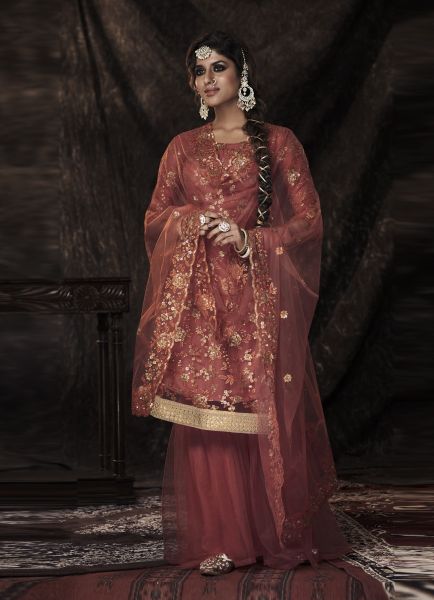 Brownish Red Net Embroidered Party-Wear Gharara-Bottom Readymade Salwar Kameez