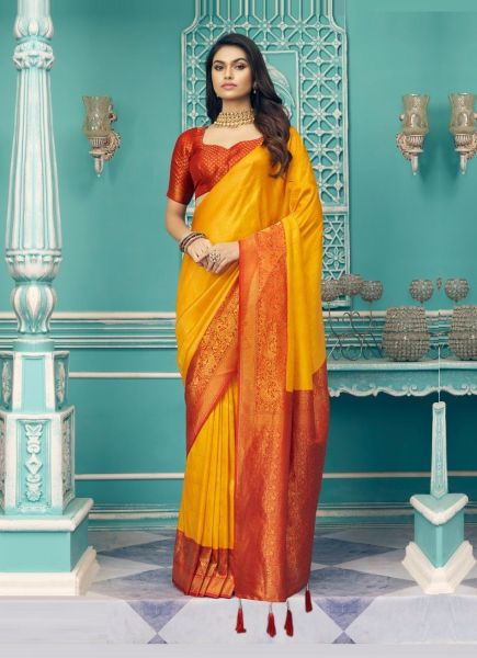 Orange Soft Silk Weaving Festive-Wear Pattu Saree (Temple-Border)