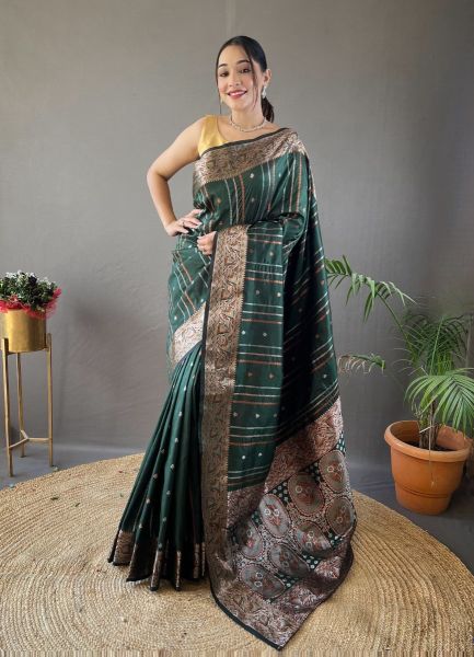 Dark Green Woven Silk Jacquard Saree For Traditional / Religious Occasions