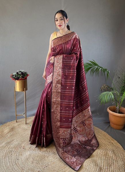 Wine Red Woven Silk Jacquard Saree For Traditional / Religious Occasions