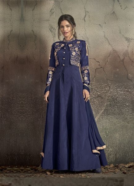 Blue Tapeta Silk Handwork Party-Wear Floor-Length Readymade Gown With Dupatta