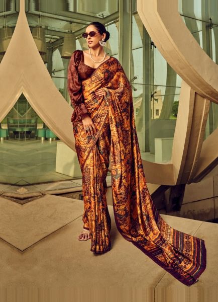 Burnt Orange Satin Silk Digitally Printed Festive-Wear Vibrant Saree
