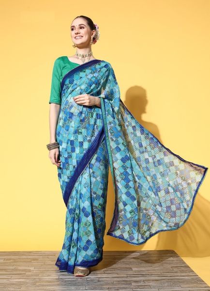 Blue Georgette Digitally Printed Sequins-Work Saree For Kitty Parties