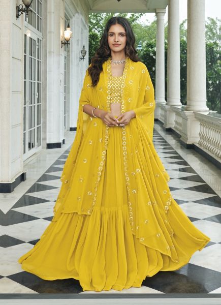 Yellow Georgette Embroidered Party-Wear Choli & Skirt Set