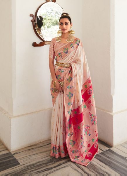 Light Peach Paithani Silk Weaving Party-Wear Saree