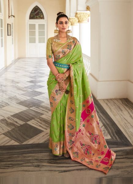 Light Green Paithani Silk Weaving Party-Wear Saree