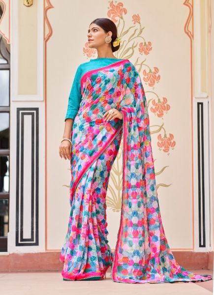 Multicolor Georgette Digitally Printed Carnival Saree For Kitty Parties
