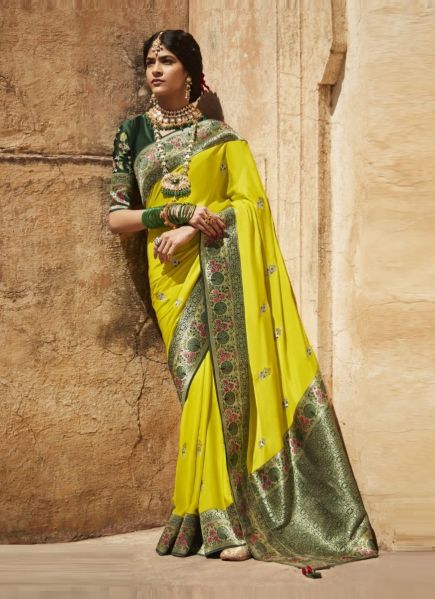 Lemon Yellow Silk Weaving Wedding-Wear Banarasi Silk Saree