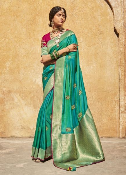 Teal Blue Silk Weaving Wedding-Wear Banarasi Silk Saree