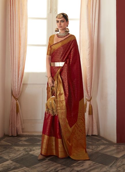 Maroon Kanjivaram Silk With Copper Zari Weaving Saree For Evening Parties