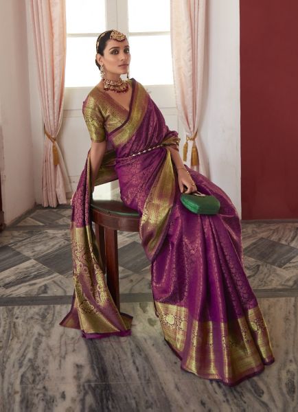 Purple Kanjivaram Silk With Copper Zari Weaving Saree For Evening Parties