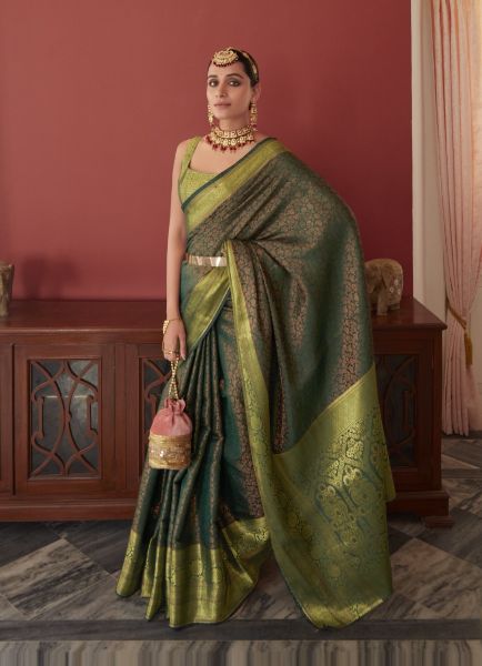 Green Kanjivaram Silk With Copper Zari Weaving Saree For Evening Parties