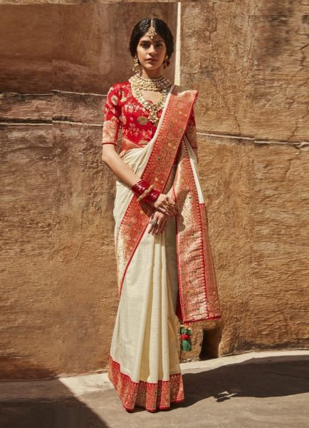White Silk Weaving Wedding-Wear Banarasi Silk Saree