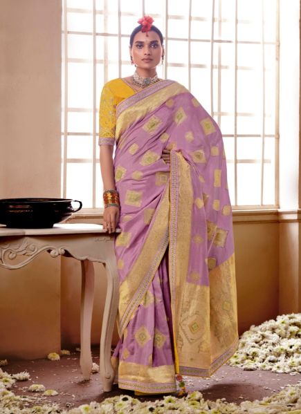 Lilac Pure Banarasi HandWork Wedding Wear Embroidery Saree