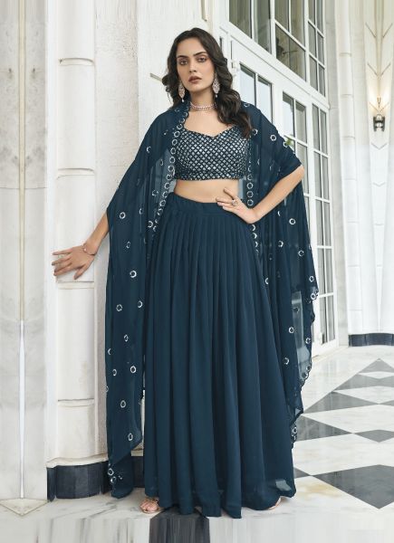 Navy Blue Georgette Embroidered Party-Wear Choli & Skirt Set