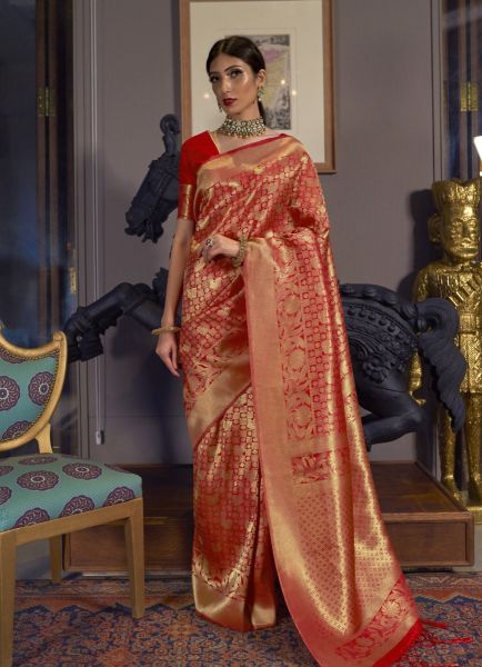 Red Silk Woven Handloom Saree For Traditional / Religious Occasions