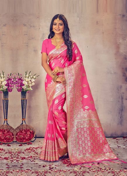 Dark Pink Banarasi Silk Weaving Festive-Wear Saree