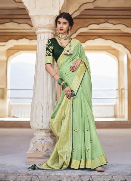Light Green Silk Weaving Wedding-Wear Embroidered Saree
