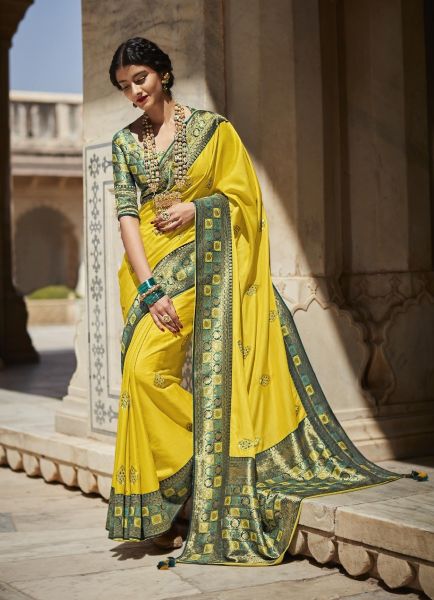 Light Mustard Yellow Silk Weaving Wedding-Wear Embroidered Saree