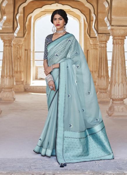 Light Blue Silk Weaving Wedding-Wear Embroidered Saree