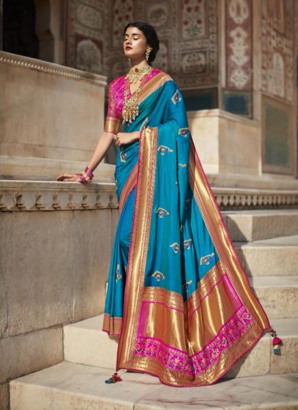Dark Sky Blue Silk Weaving Wedding-Wear Embroidered Saree