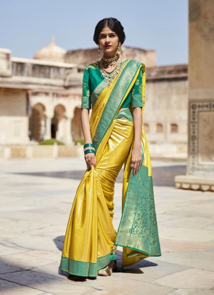 Yellow Silk Weaving Wedding-Wear Embroidered Saree