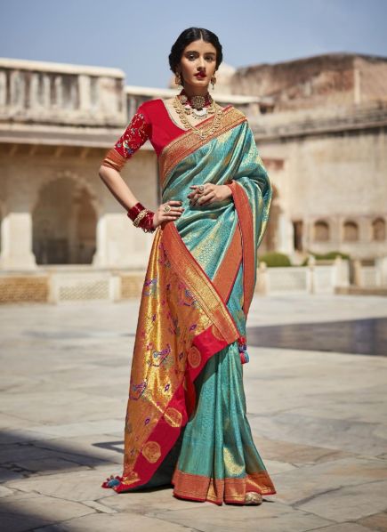 Teal Blue Silk Weaving Wedding-Wear Embroidered Saree